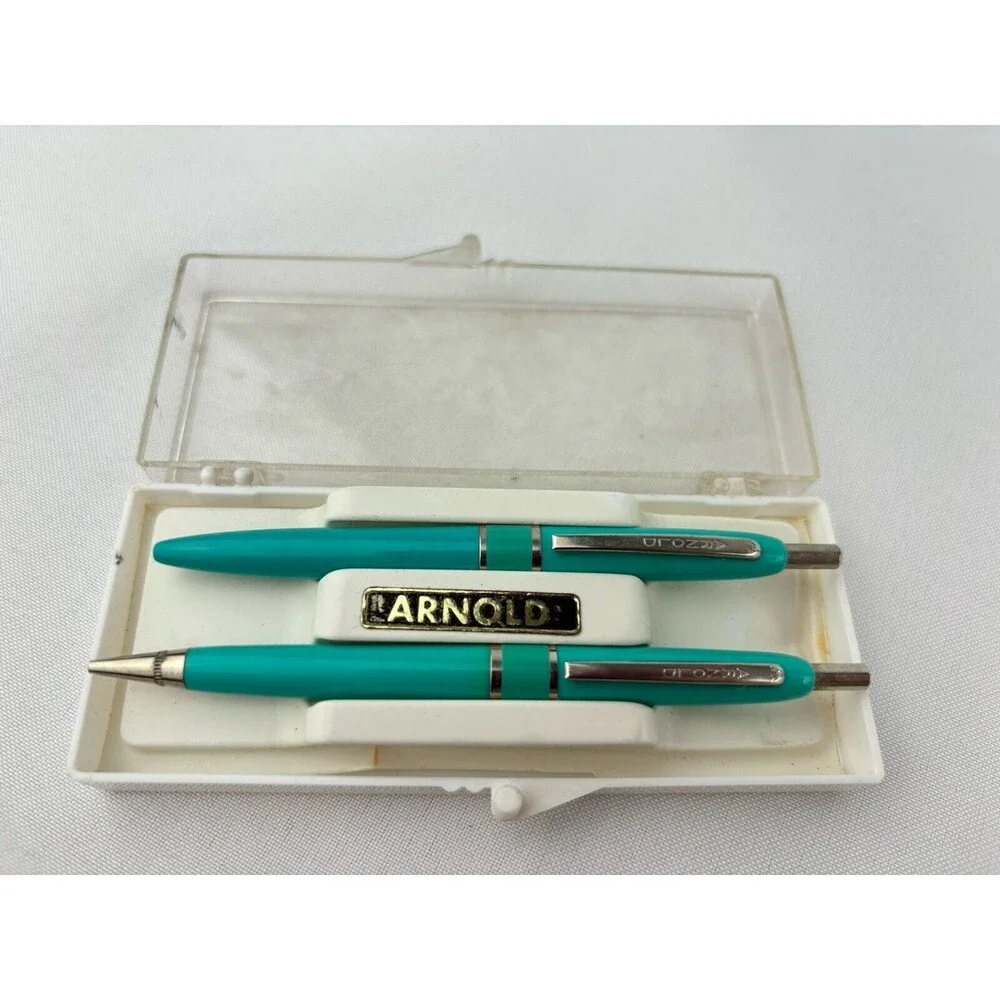 2‎ Vintage Arnold Pen & Pencil ? Combos Set USA Mint Green In Plastic Case